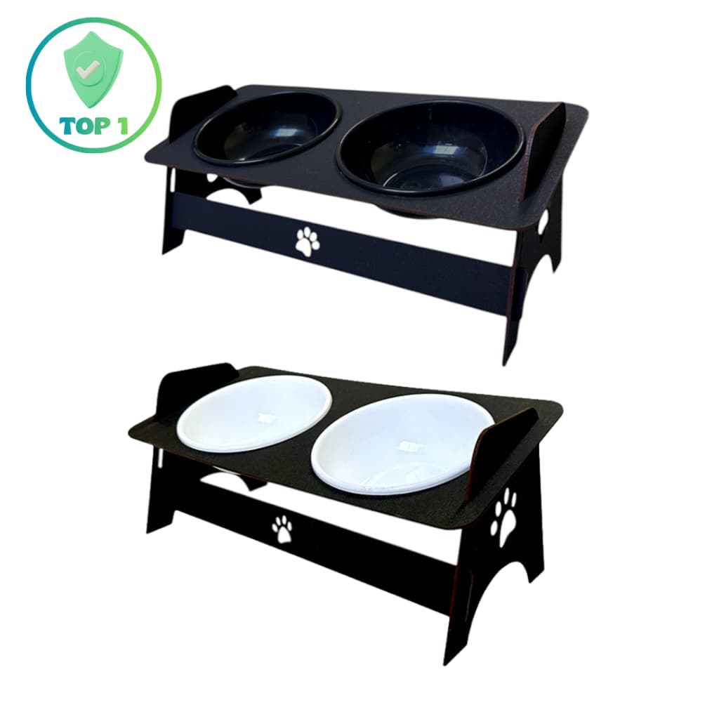 Comedouro E Bebedouro Elevado Tigelas Preta e Branca Livres de BPA