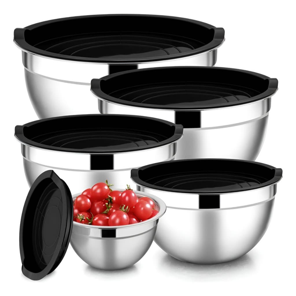 Conjunto de Bowls Tigelas de Inox Tampa Plástica 5 peças para Cozinha Pote Inox Saladeira Vasilha