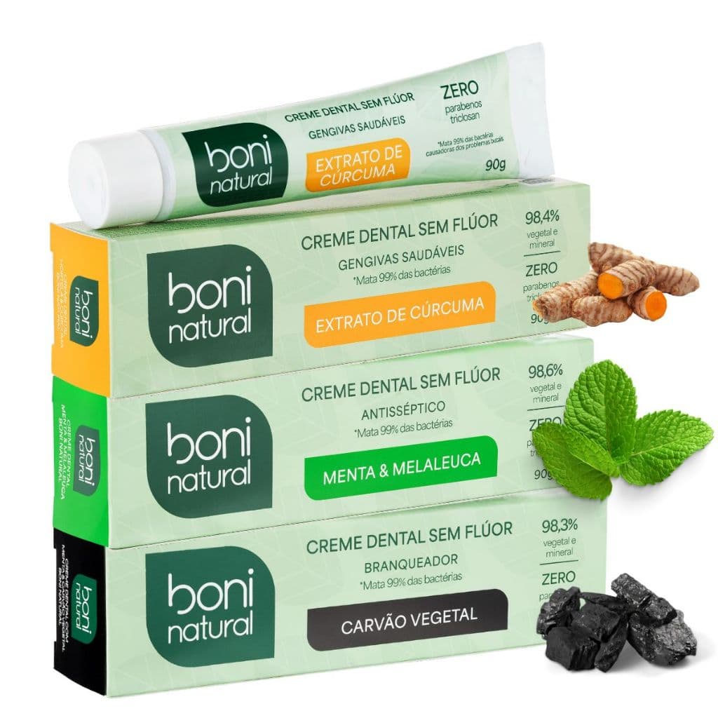 Kit 3 Creme Dental Boni Natural - Carvão, Cúrcuma, Melaleuca