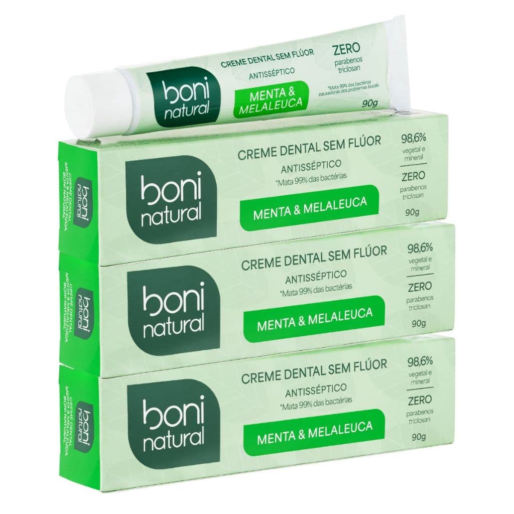 Kit 3 Creme Dental Vegano Natural Menta e Melaleuca Sem Flúor 90g - Boni Natural