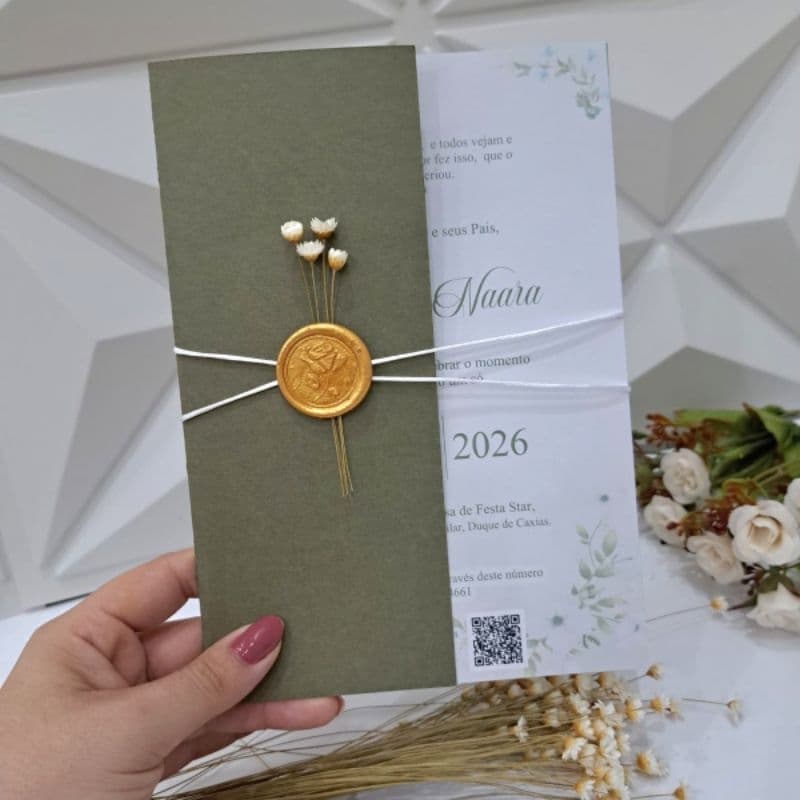 Convite de Casamento Verde Oliva com Lacre de Cera | Convite Love Personalizado | Modelo Elegante Clássico