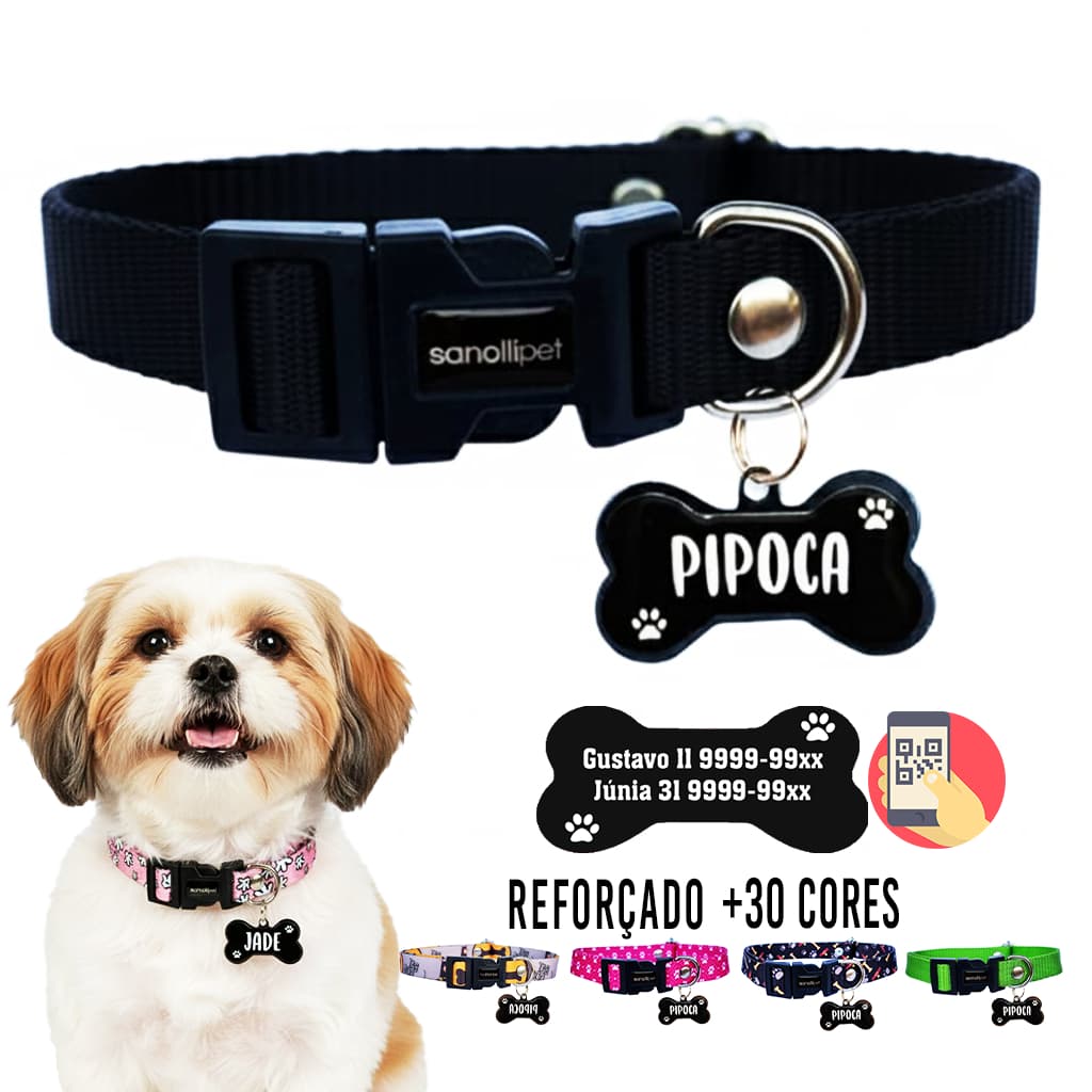 Coleira Para Cachorro Com Plaquinha De Identificação Nome Telefone Reforçada Premium Tag Qr Code