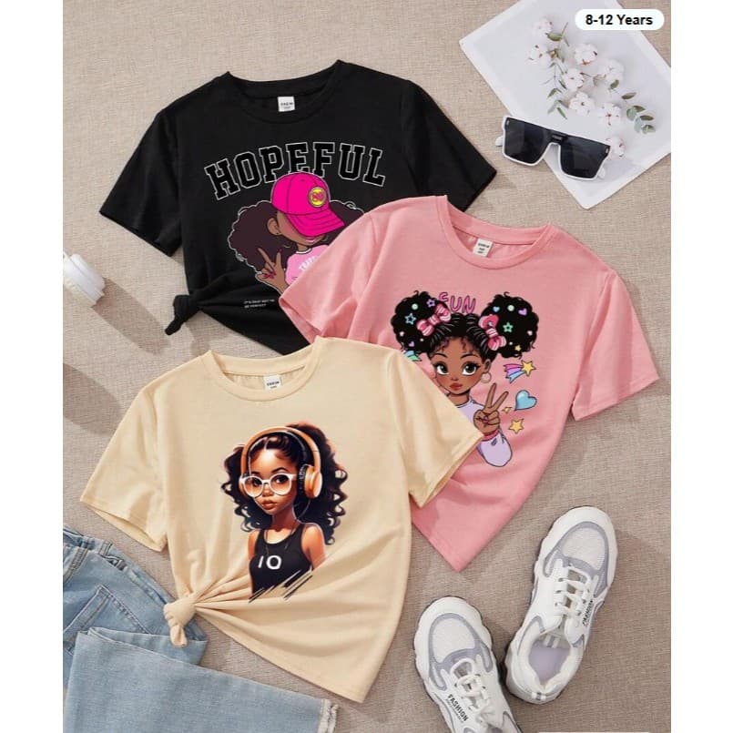 Kit 3 Camisetinha Infantil Feminina T-shirt 100% Algodão Luxo Camiseta Para Menina Estilosa E Chique