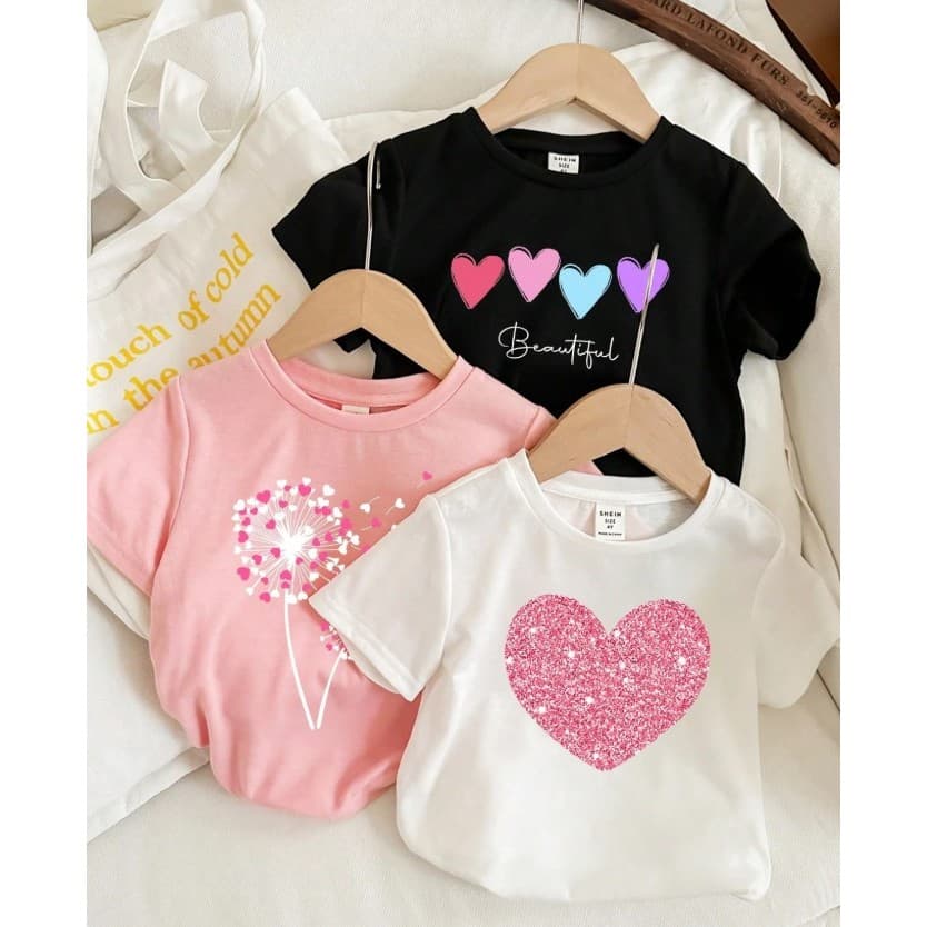 Kit 3 Camiseta Infantil Feminina Coração Fofinha Minimalista Blusa Para o Dia a Dia Style Luxo