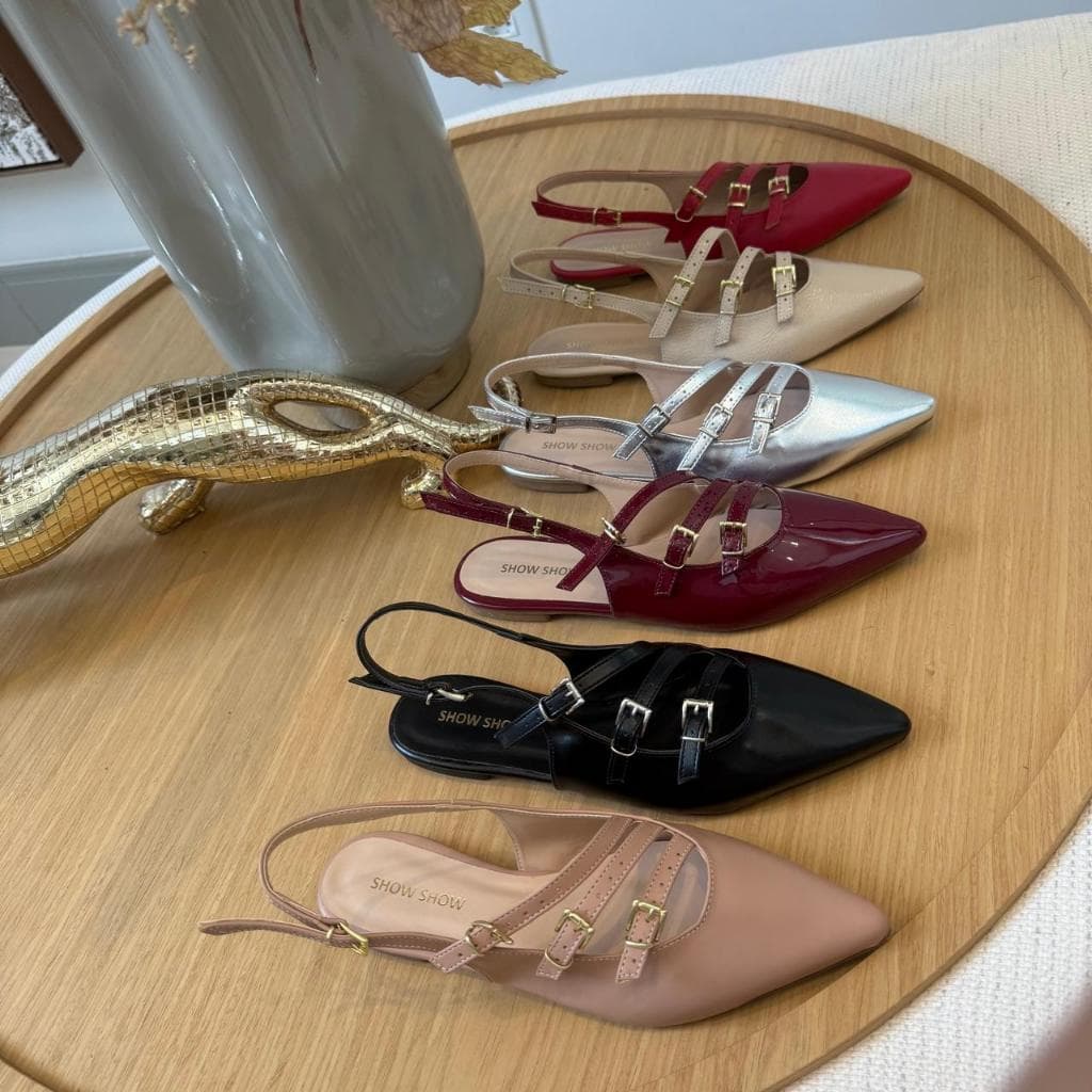 Sapato Feminino Sapatilha Slingback Rasteira Bico Fino Fivelas Mule Social Casual Show Show