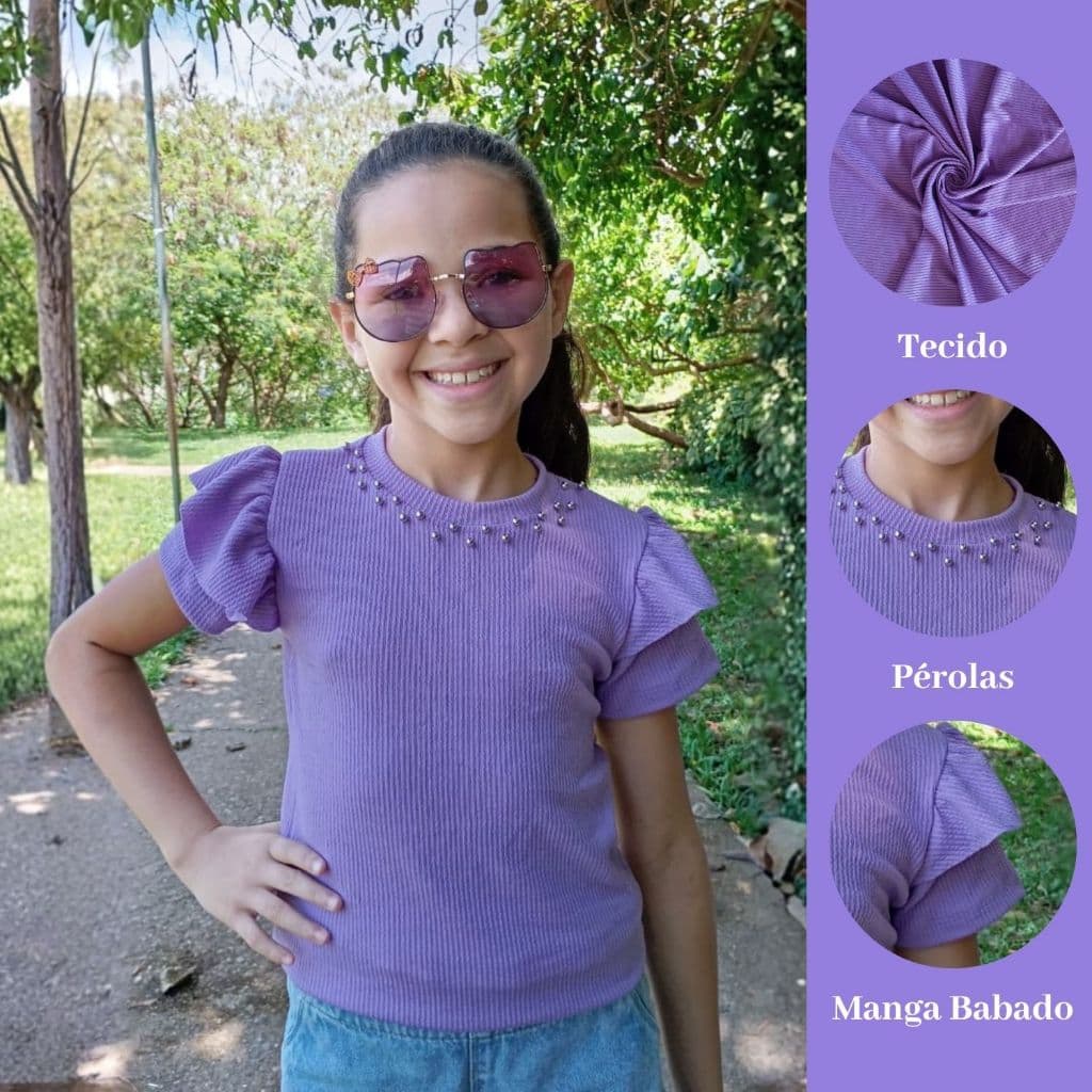 Blusa Feminina, Infantil, Manga Babado, Pérolas em Tecido Malha Ana Ruga Disponível em Várias Cores