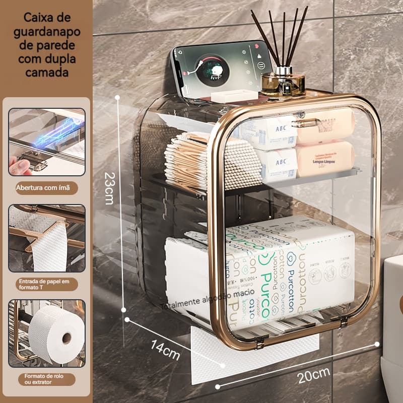 Caixa Box Porta Papel Higiênico Dispenser Organizador Banheiro Trava Magnética Suporte Celular