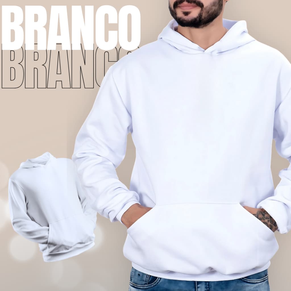 MOLETOM BLUSA DE FRIO BRANCO CANGURU 100% ALGODAO LISO COM CAPUZ UNISSEX