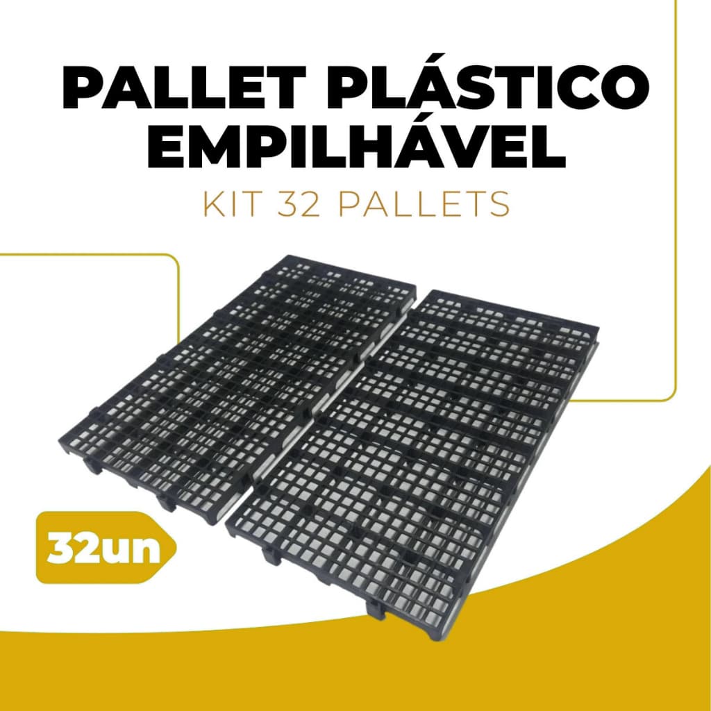 Kit 32 Peças Palete Estrado Piso Plástico Preto 2,5x25x50 Cm