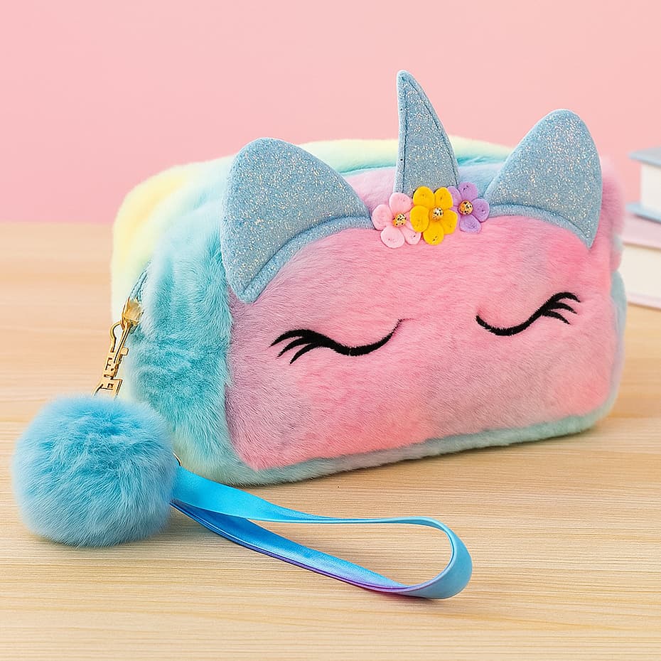 Estojo Escolar Unicórnio de Pelúcia Feminino Grande 25cm – Fofo e Charmoso