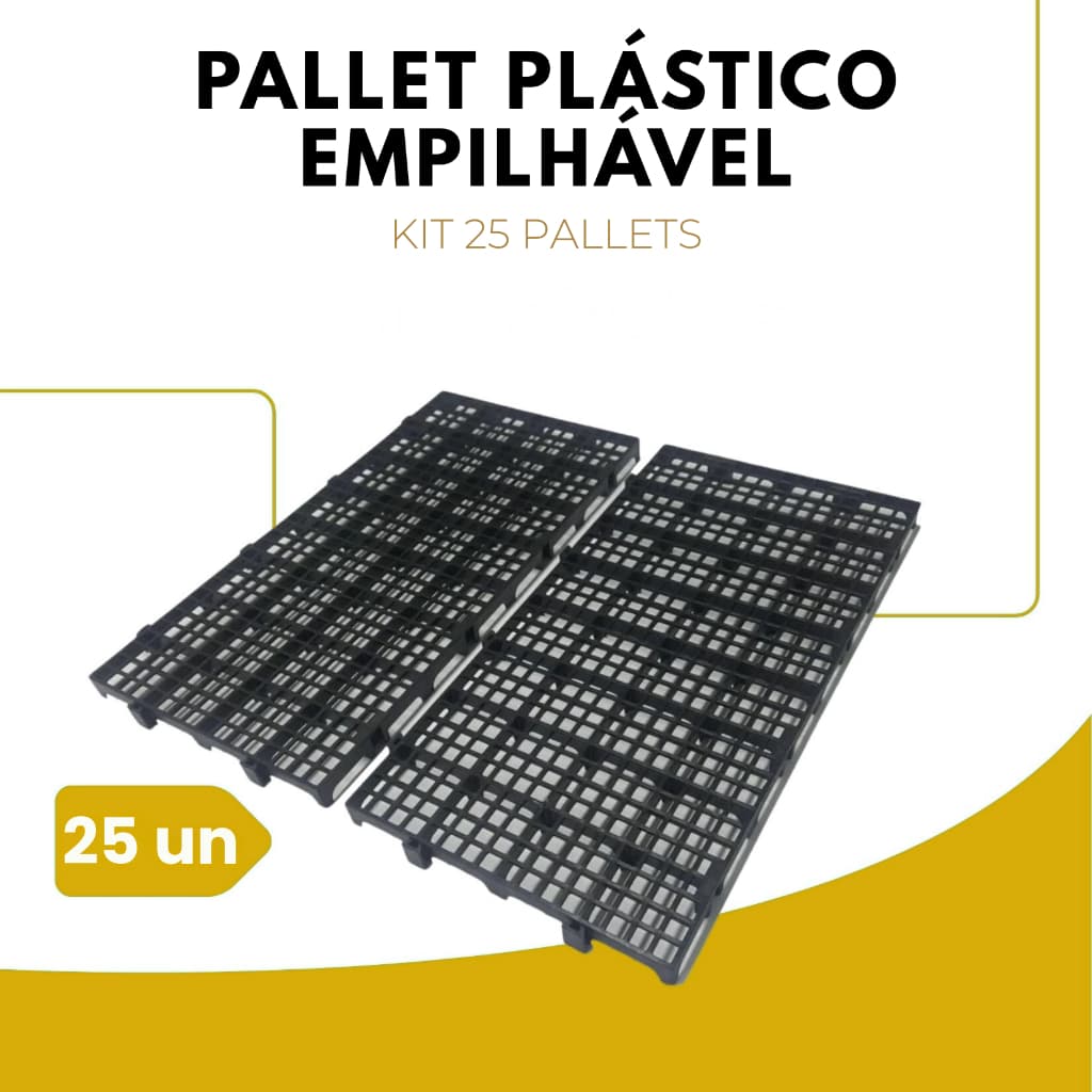 Kit 25 Palete Estrado Piso Plástico Reforçado Preto 2,5x25x50 Cm