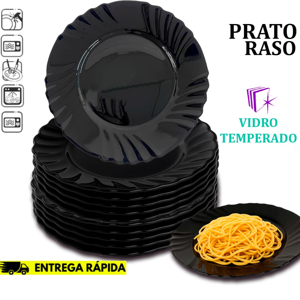 Kit Jogo 04/06/12 Pratos Black Raso 25,5 Cm  Modelo Pétala Design Moderno Luxo Vidro Resistente