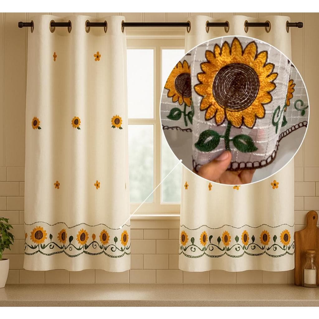 Cortina de Cozinha Bordada em Linho 2,50 x 1,25 Com Forro De microfibra