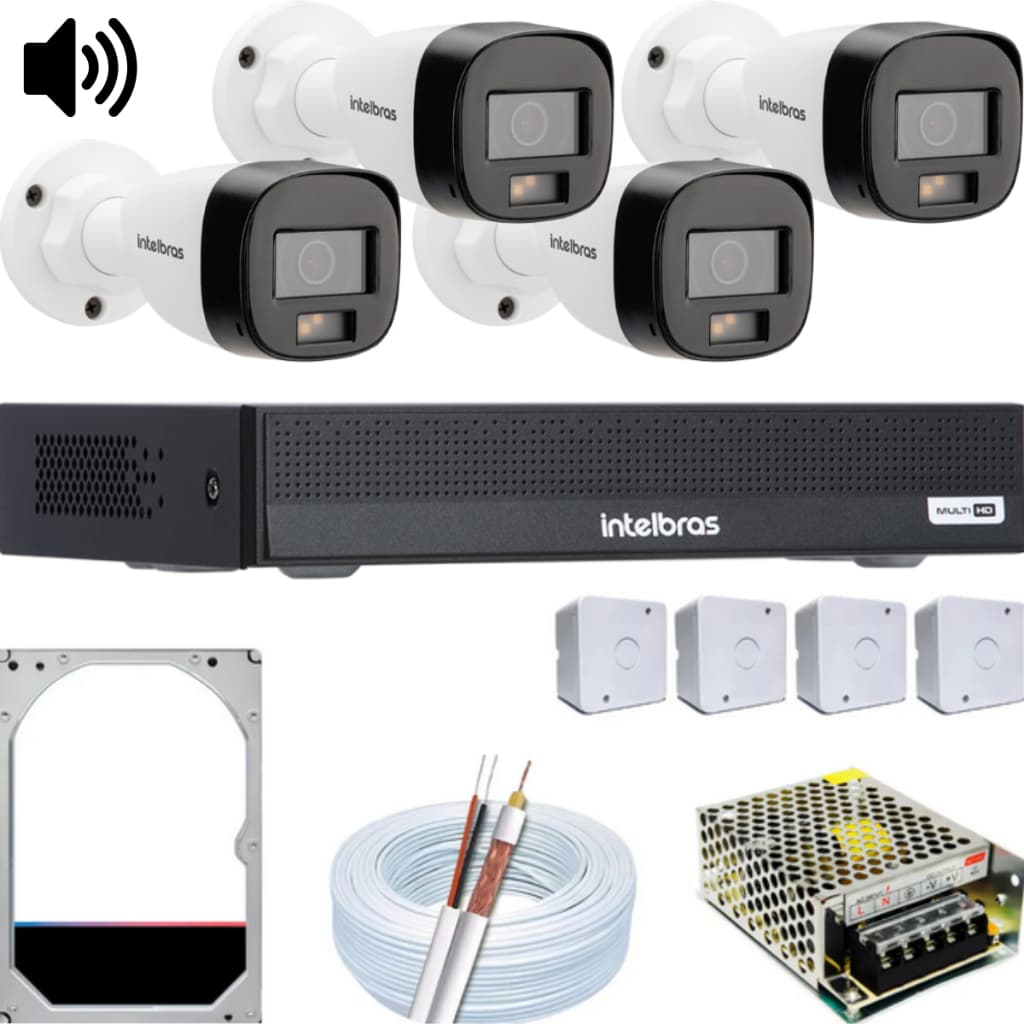 Kit 4 câmeras intelbras full color VHD 3220B c/ áudio dvr 3104-c HD 1TB
