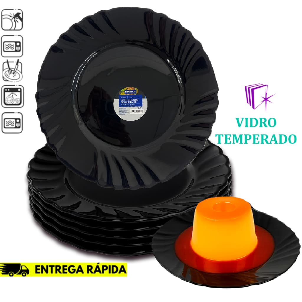 Kit Jogo 04/06/12 Pratos Black Sobremesa 20 Cm Modelo Pétala Design Moderno Luxo  Vidro Resistente
