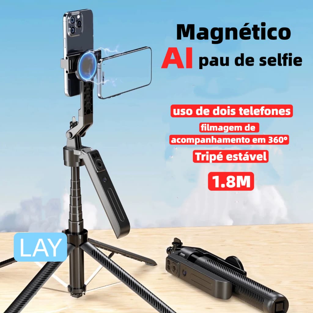 Bastão de selfie magnético com 4 tripés, 1,8 m, rastreamento de IA com câmera dupla, 360°.LAY-C12C
