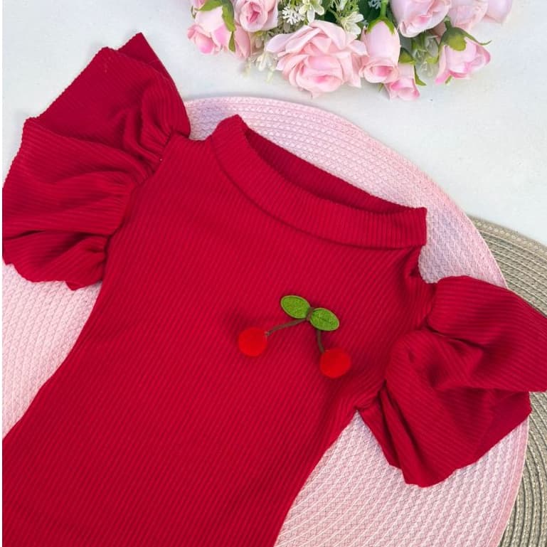 Blusinha Cropped Cerejinha Roupa Infantil Menina Blogueirinha Mini Diva Verão Natal Manga curta Babadinho do 1 ao 10