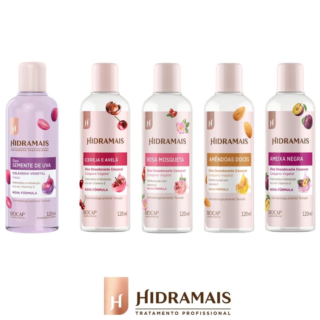 Óleo Corporal Hidramais 120ml – Hidratação e Perfume – Semente de Uva / Cereja e Avelã / Rosa Mosqueta / Amêndoas Doces