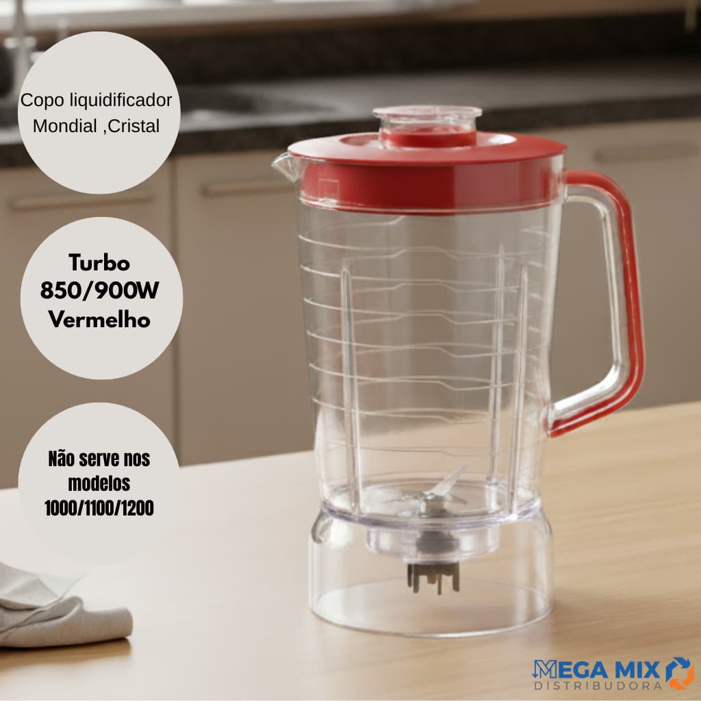 Copo Para Liquidificador Compativel Mondial Turbo L-850w L-900w Sangel Cristal Vermelho