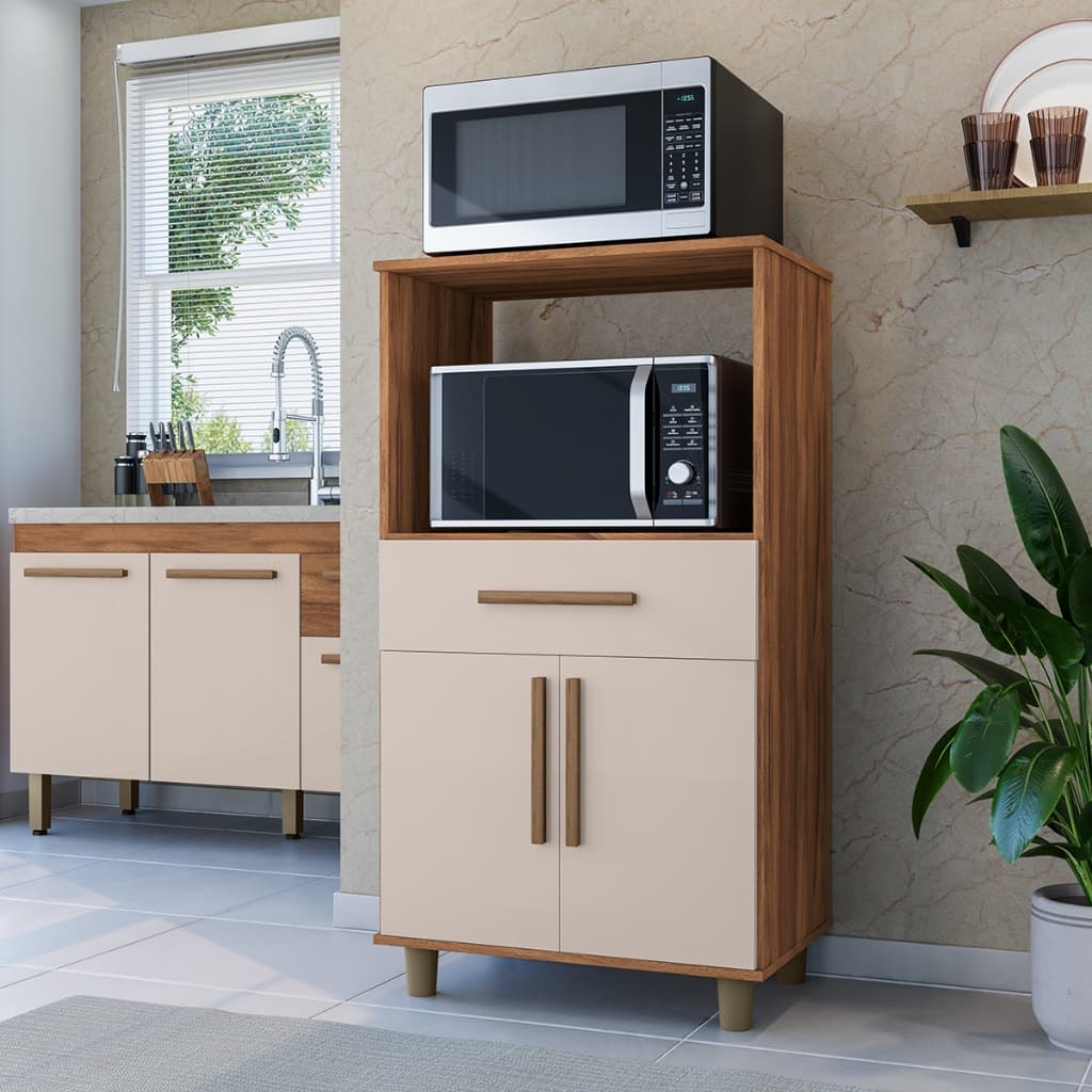 Armário Balcão Suporte Para Forno E Micro-ondas Munique 4 Pés Em Pvc 1 Gaveta 2 Portas Puxadores