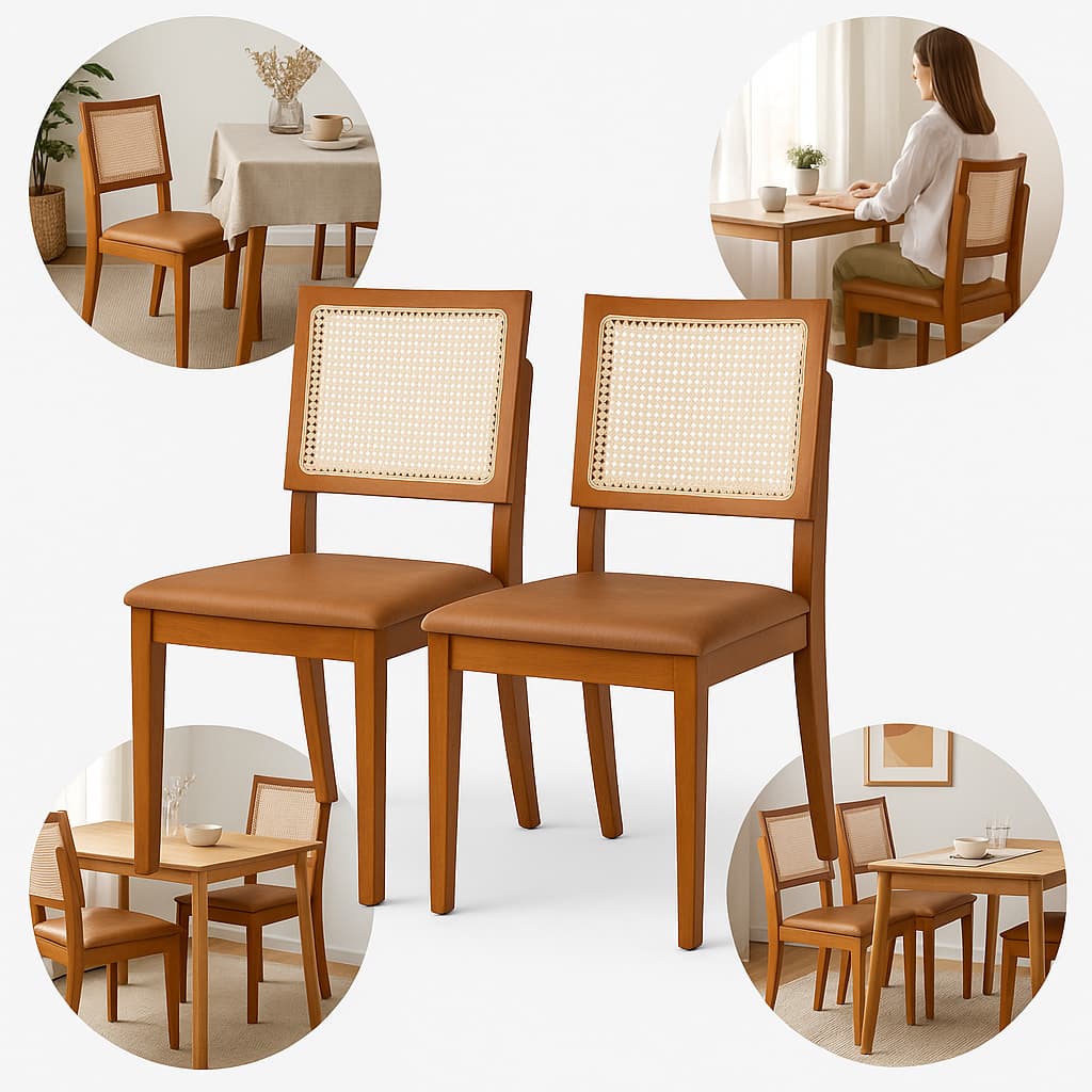 Kit 2 Cadeiras de Jantar Madeira Maciça Estofadas Couro ou Linho com Tela Sextavada Premiere