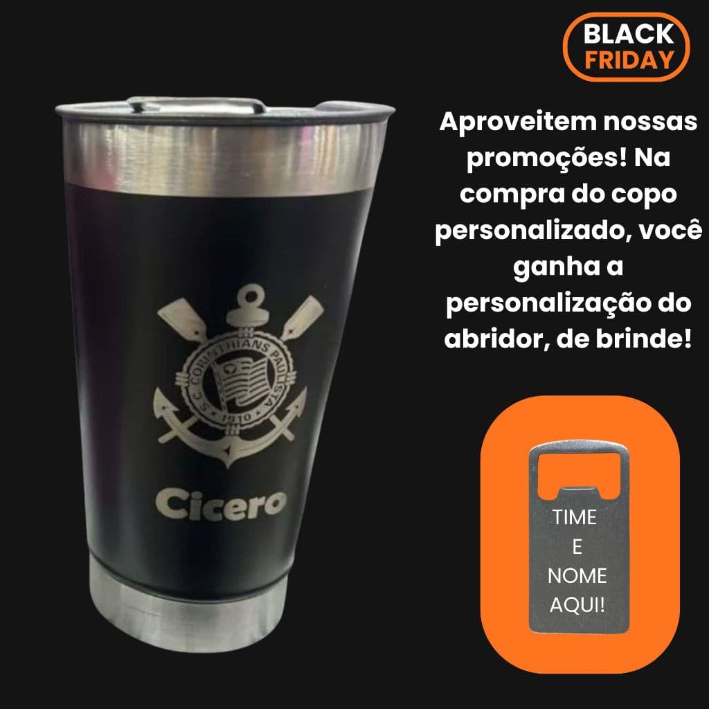 Copo Térmico Personalizado com Nome e Time, com Tampa e Abridor.