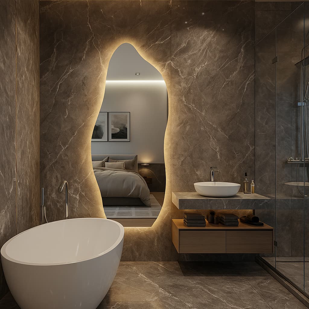 Espelho Orgânico Led 150cm x 40cm 170cm x 50cm Decorativos Luz Branco e Luz Amarela Flame Quarto Sala Salão Loja Luxo