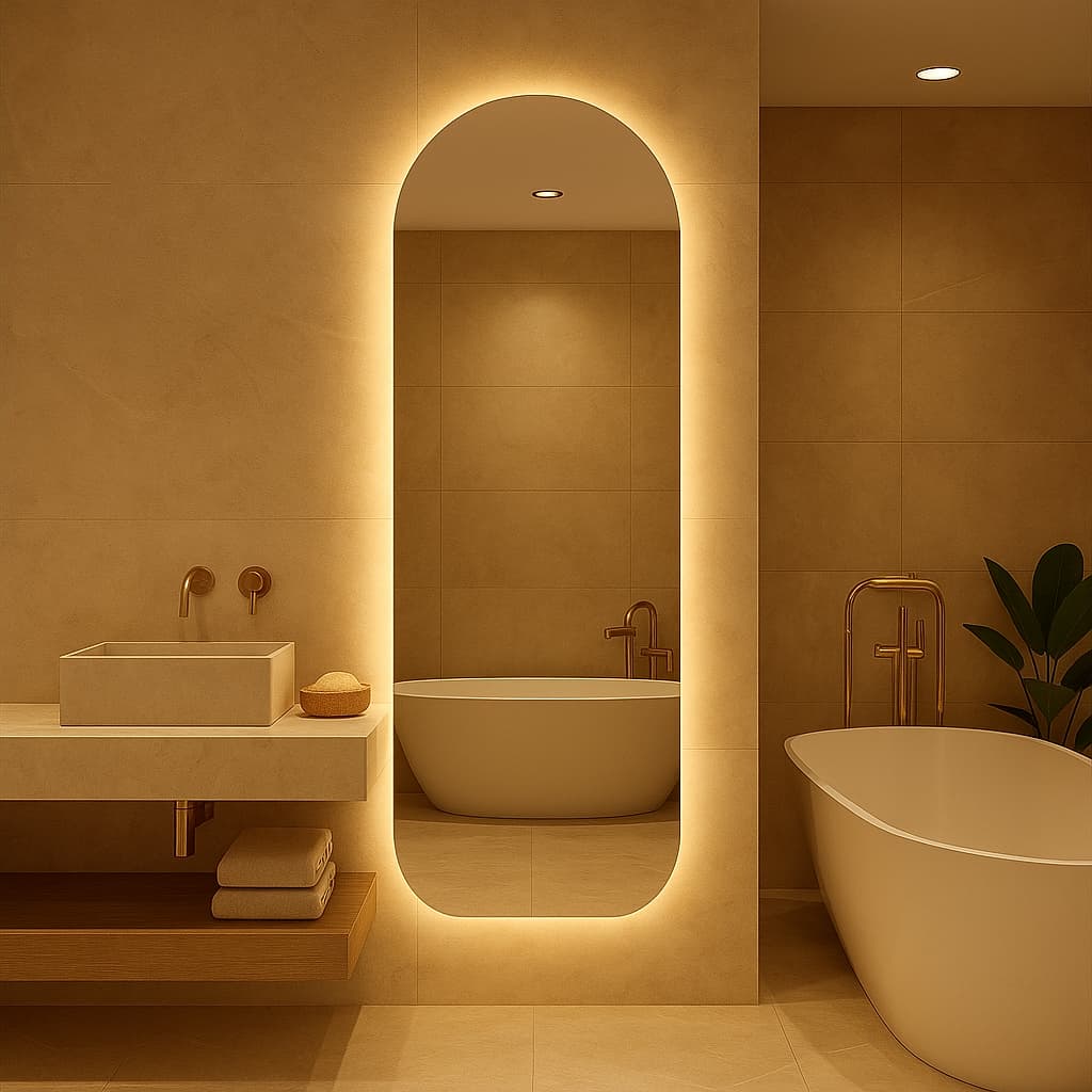 Espelho Oval Base Reta Led 150cm x 40cm 170cm x 50cm Luz Branco e Luz Amarela Flame Quarto Sala Salão Loja Luxo