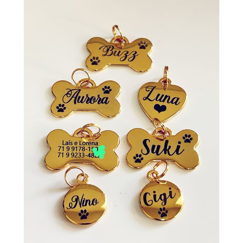 Plaquinha de LUXO DOURADA (Cachorro e Gato)  - Plaquinha de identificação para PET