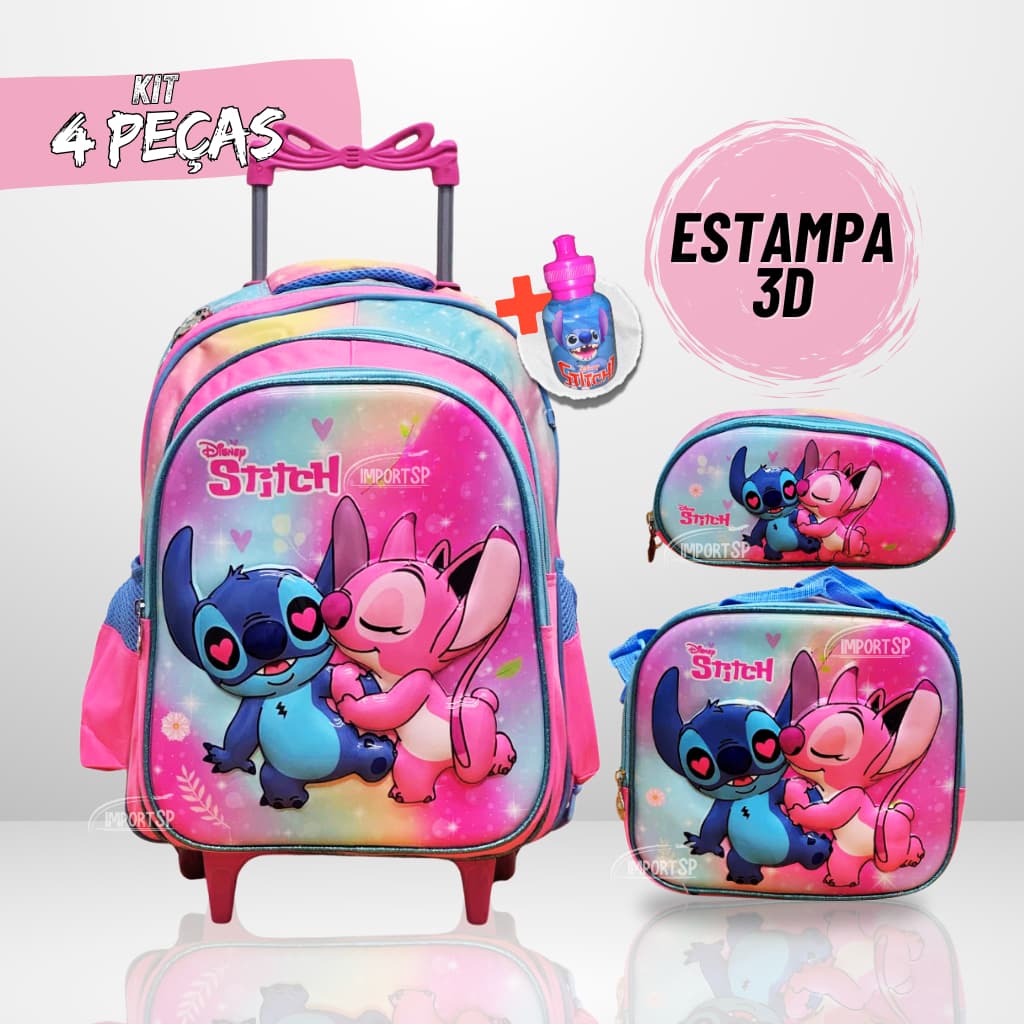 Mochila Escolar de rodinha Stitch + Lancheira Térmica + Estojo + 3d
