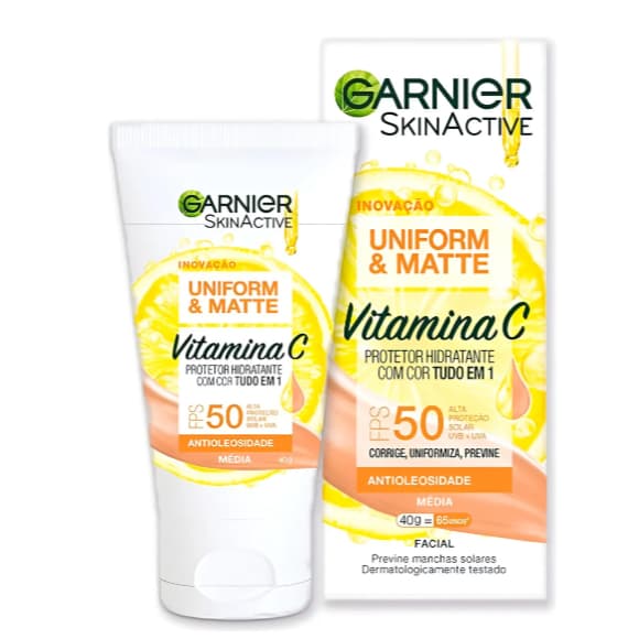 Garnier Protetor Solar Hidratante Efeito Matte FPS50 Uniform & Matte, Antioleosidade com Vitamina C, 40g, Cor média