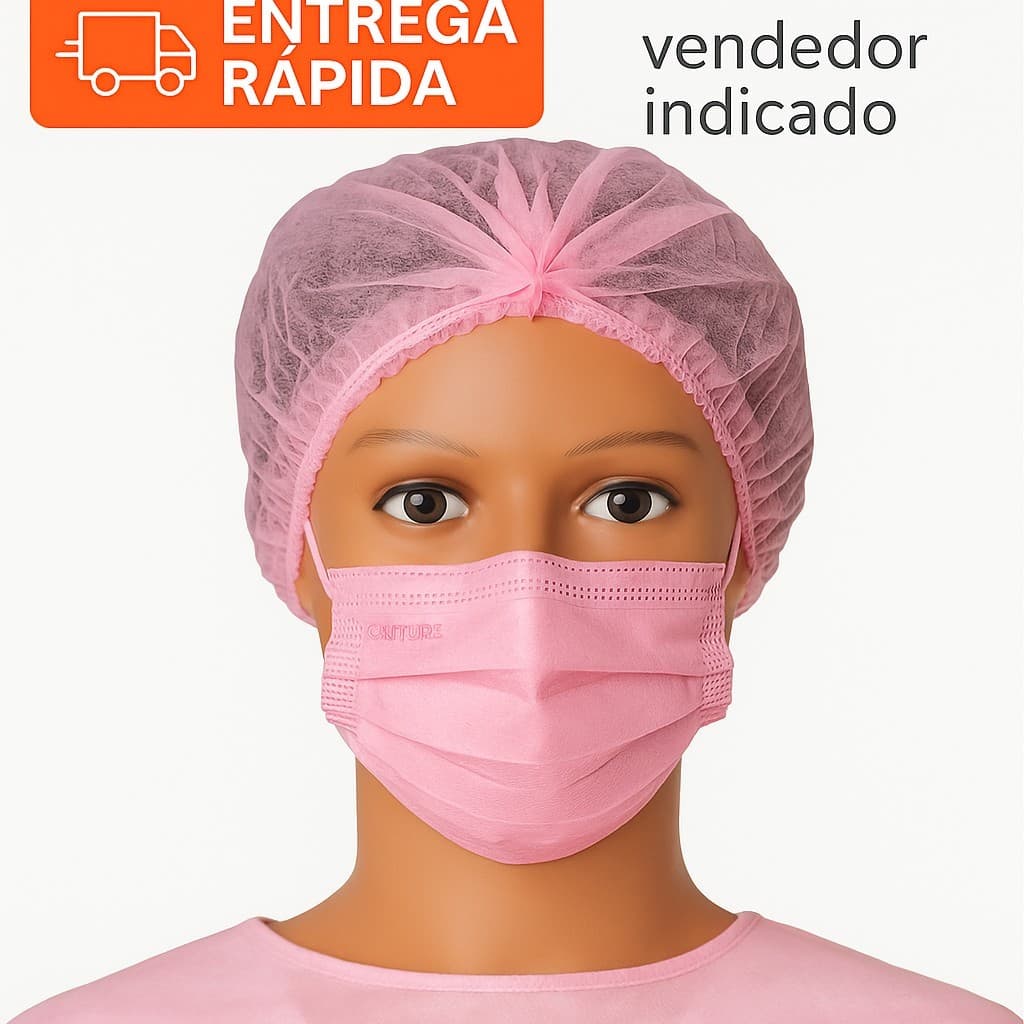 Kit 50 Toucas + 50 Máscaras Rosa Claro | Uso Profissional | Confortável e Higiênico | Envio Rápido