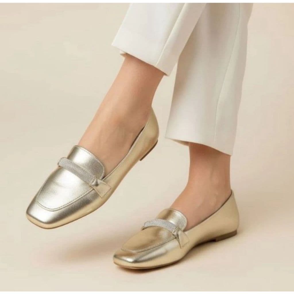 Sapatilha Feminina Confortável Luxo Sapato Feminino Mocassim Bico Quadrado Dourado Strass