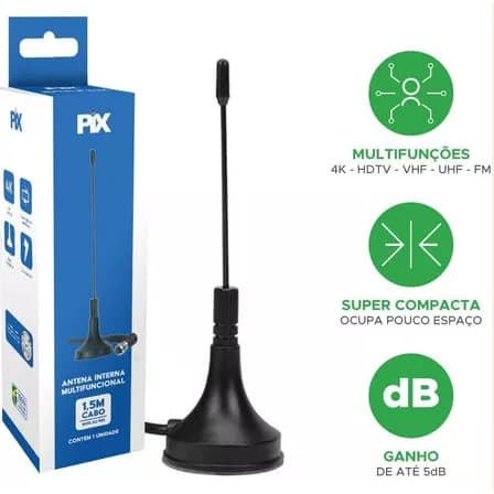 Antena Digital PIX HDTV Interna Mini Cabo de 1,5M Base Magnética