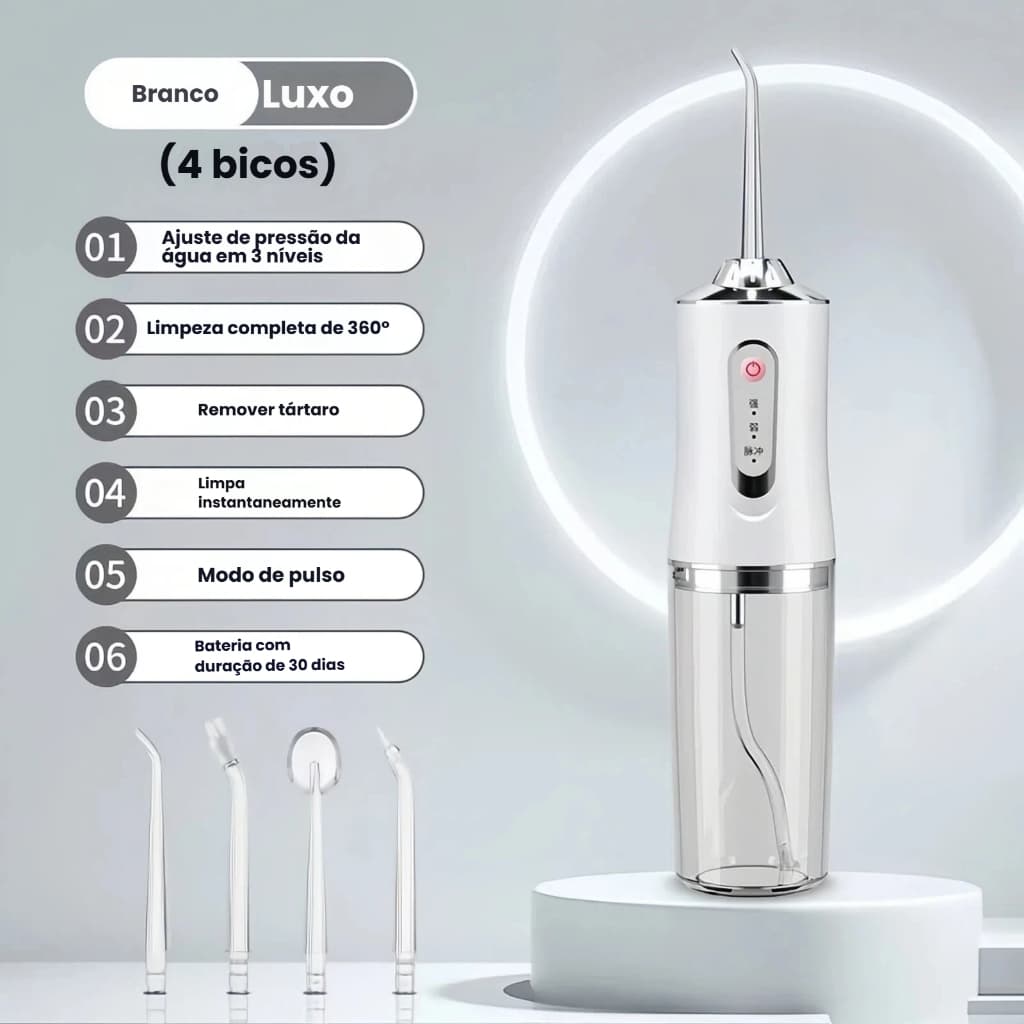 Irrigador Dental Portátil Recarregável USB 220ml com 4 Bicos – Jato de Água Potente para Limpeza Profunda