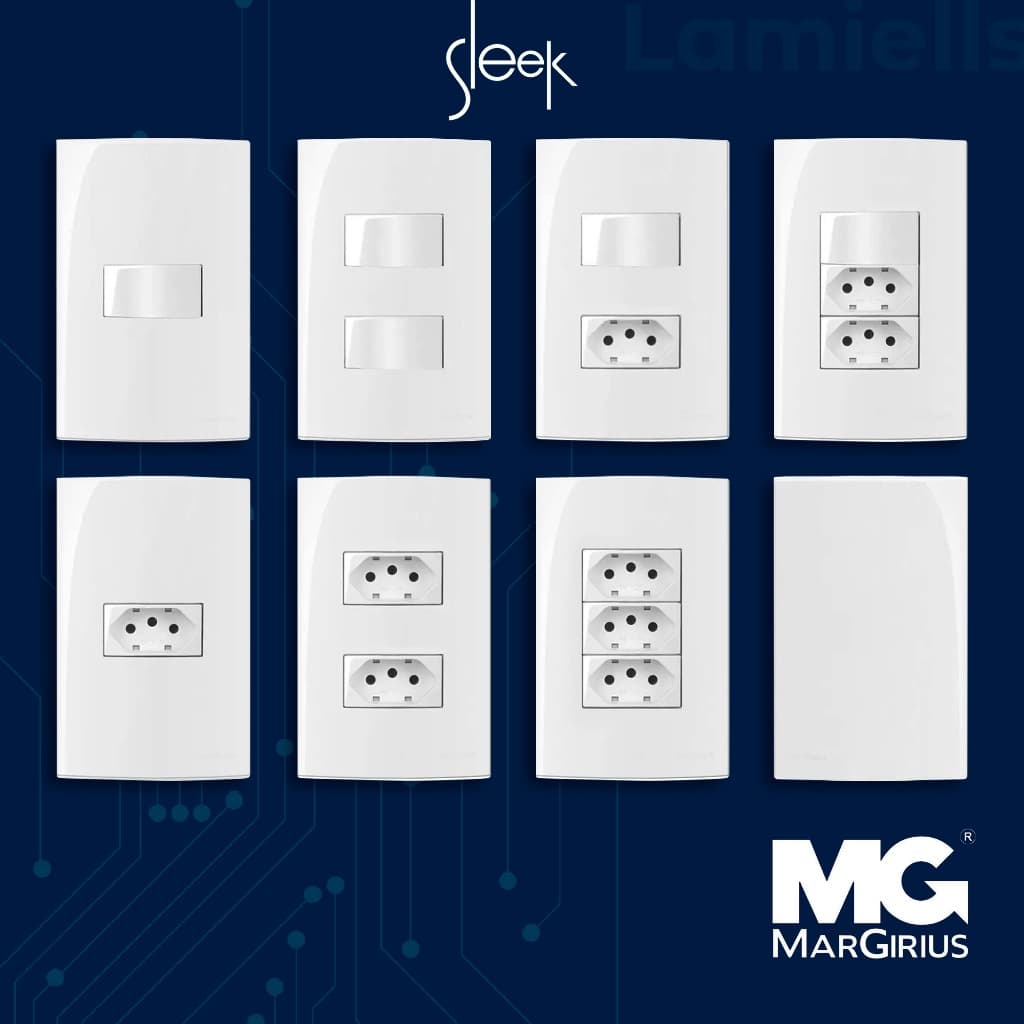 Conjunto Kit Tomada Interruptor Margirius Linha Sleek Branca 4x2 Completa com Suporte e Parafusos
