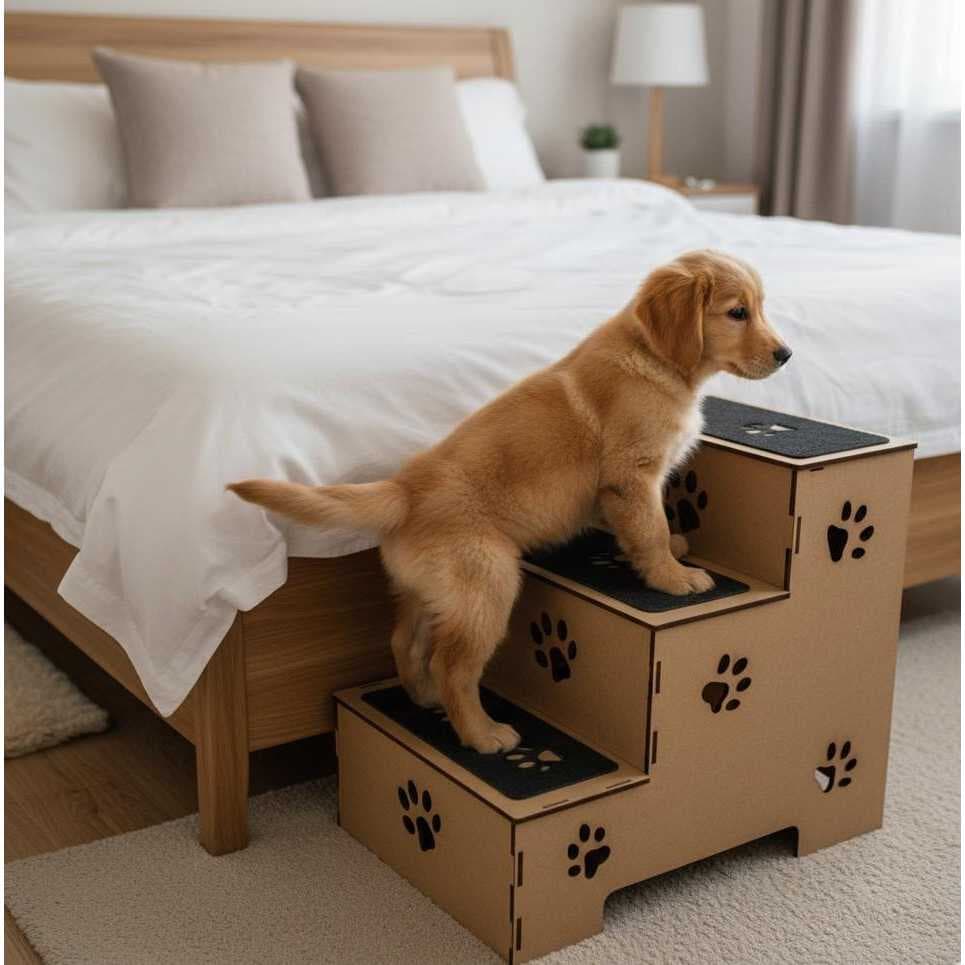 Escada Pet 3 Degraus em MDF Cru 45cm Escadinha P/ Cães Gatos Subirem na Cama Sofá Resistência e Conforto Antiderrapante