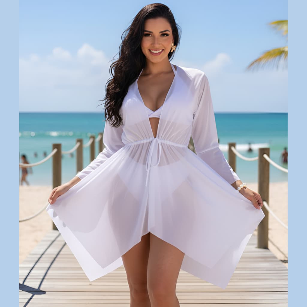 Saída de Praia Feminina Kimono Tule Amarrar Transparente Levinho Cardigã Vestido Verao