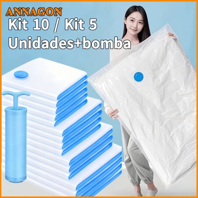 Kit 10/5 Saco a Vacuo Organização de Roupas 110x70 Mala Viagem Guarda Roupa Bomba Manual