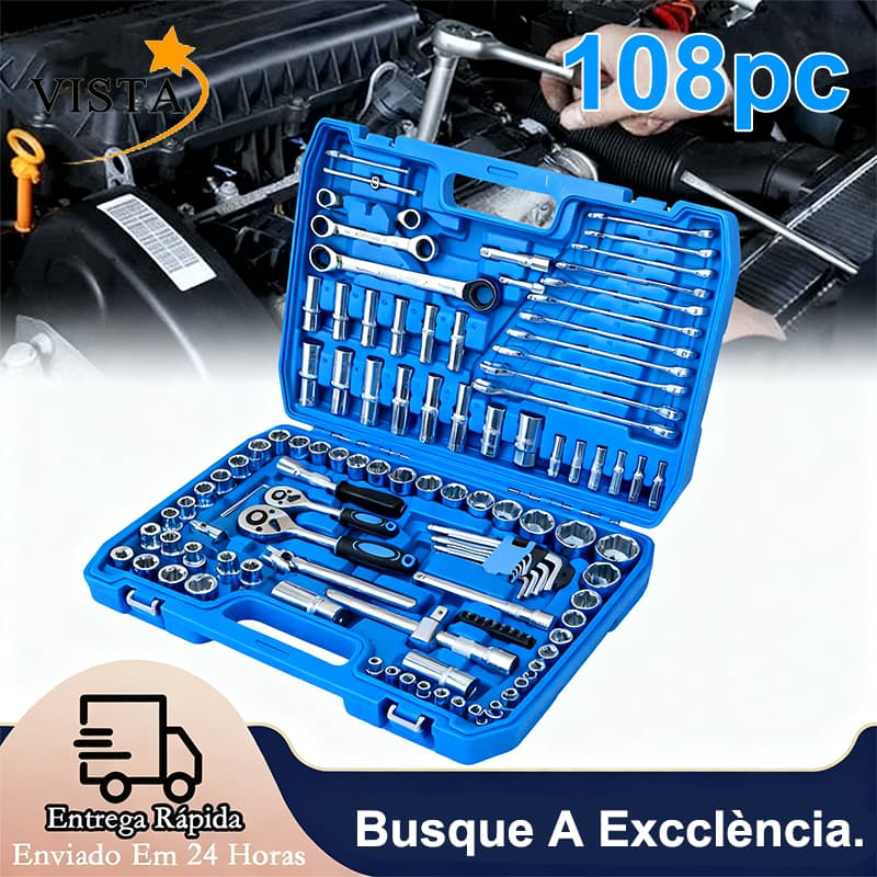 Kit de Ferramentas Profissional 108 Peças com Maleta Completa – Soquetes e Chave Catraca Reversível VISTA
