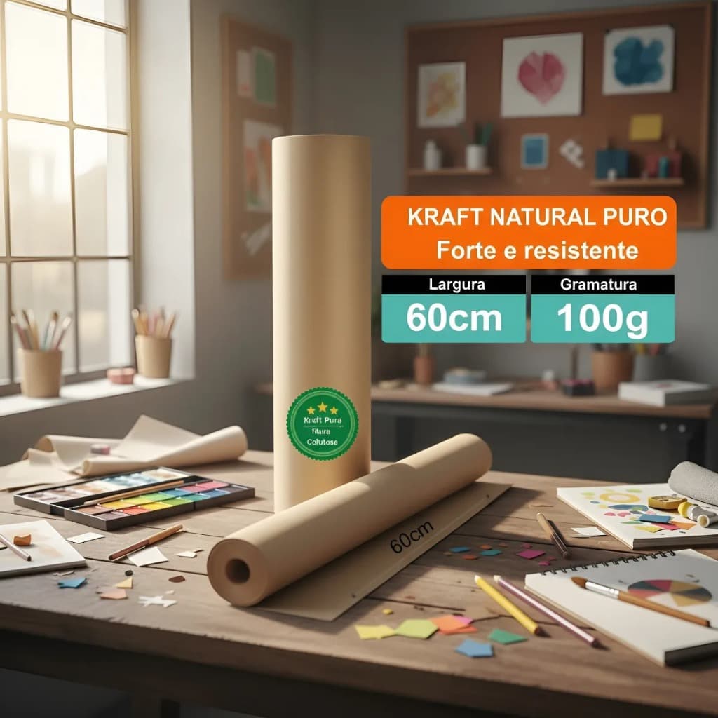 Bobina Papel Kraft Natural Puro 100g 60cm Rolo Embalagem Sacolas Moldes Artesanato