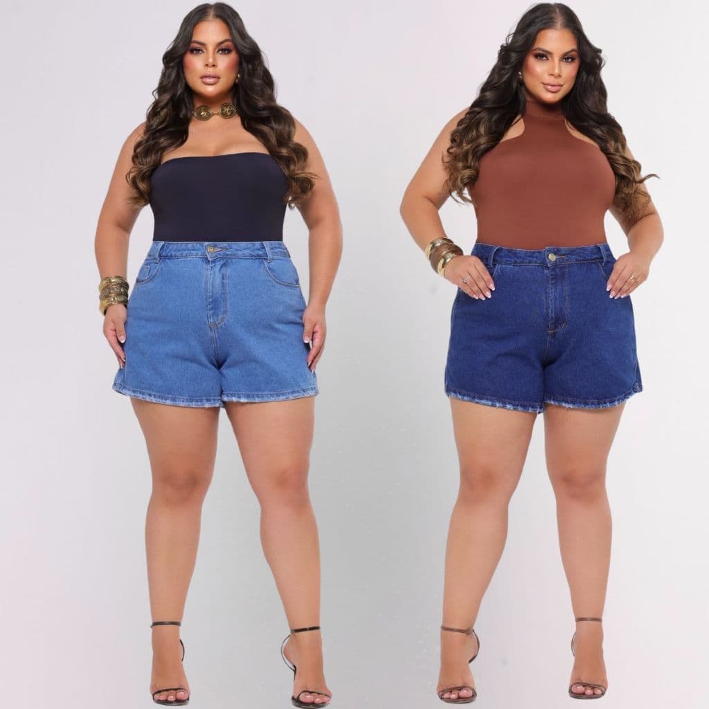 Kit Shorts Feminino Jeans Plus Size Cintura Alta 100% Algodão Short Levanta e Empina Bumbum Moda Maior