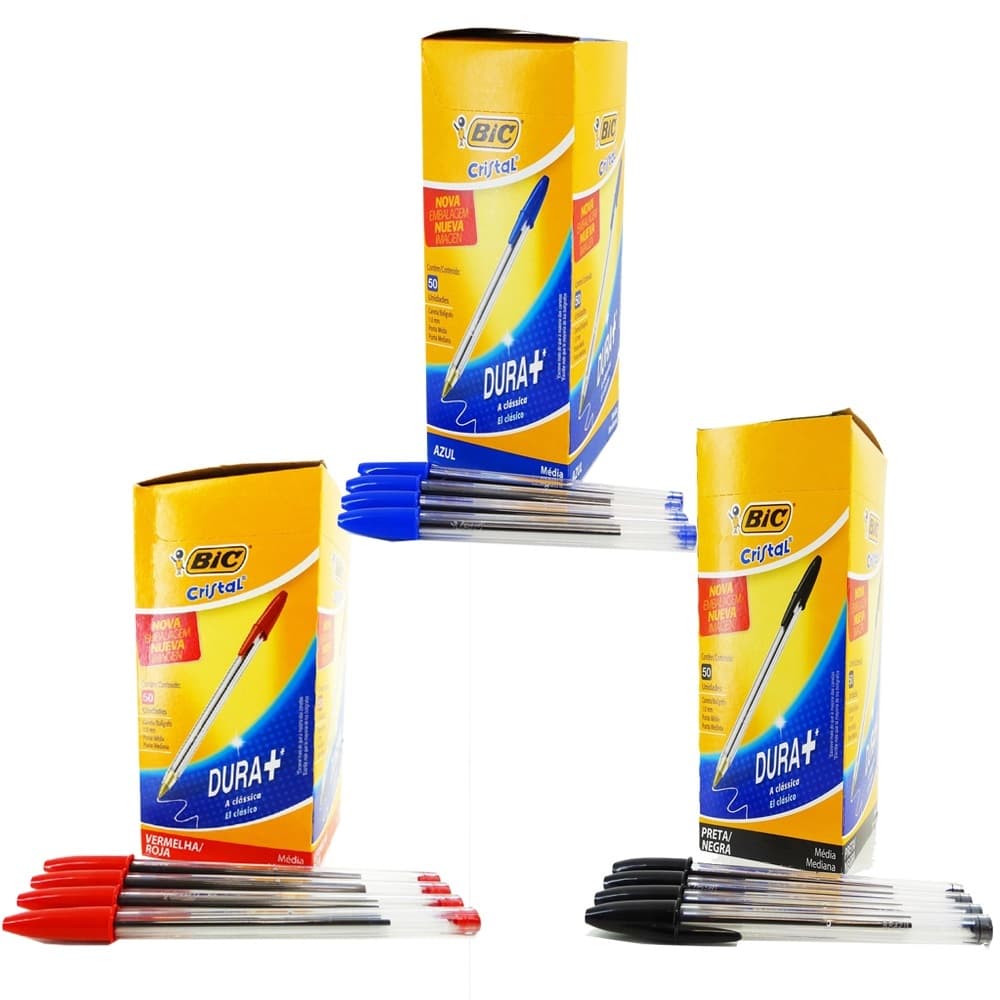 Kit 3 Cores Caneta Bic 1.0 Ponta Média com 50 Azul, 50 Preta e 50 Vermelha Caixa Original