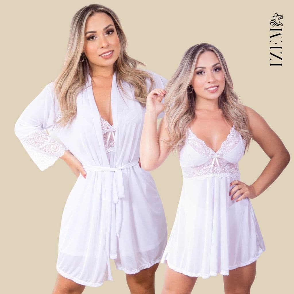 Camisola Feminina com Renda e Robe Curto Kit Sensual de Luxo