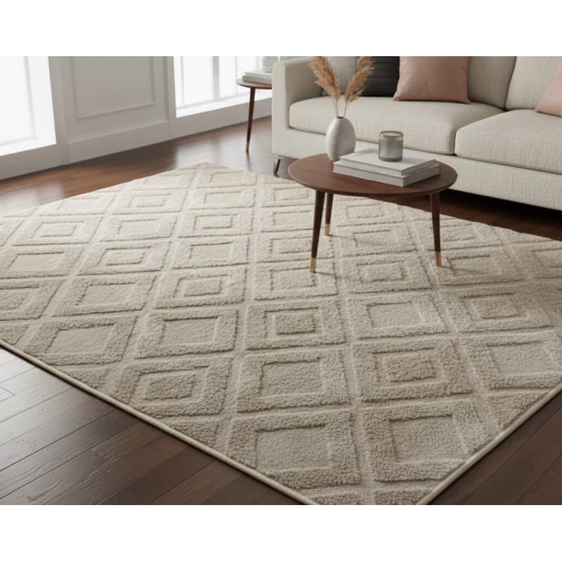 Tapete Sala Antiderrapante Jacquard Com Relevo Geométrico sem Pelo