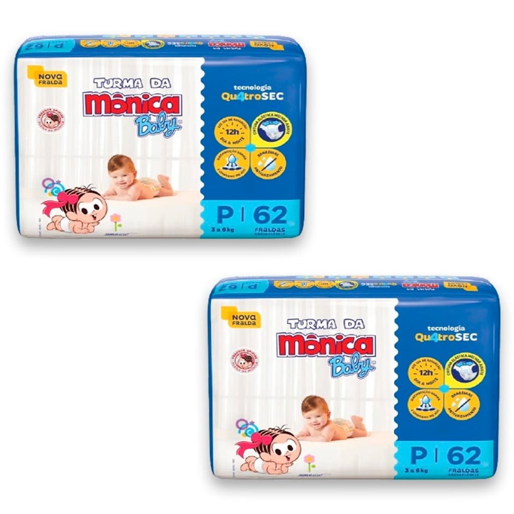 Kit 2ptes Fralda Turma da Mônica Baby P 62un 3-5kg