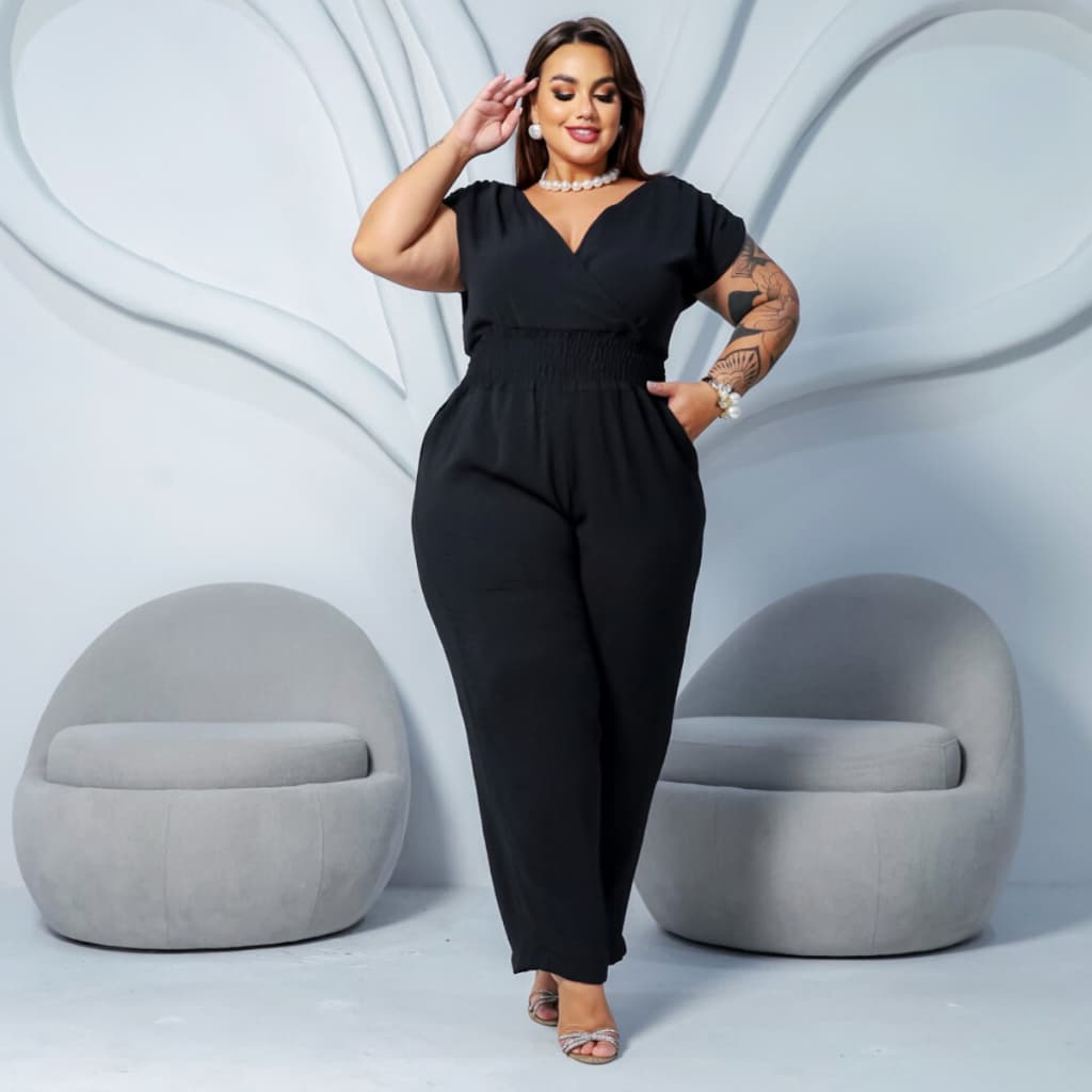 Macacão Longo Plus Size Transpassado Elastex Grande Valoriza as Curvas Elegante Casual Lia Rosa