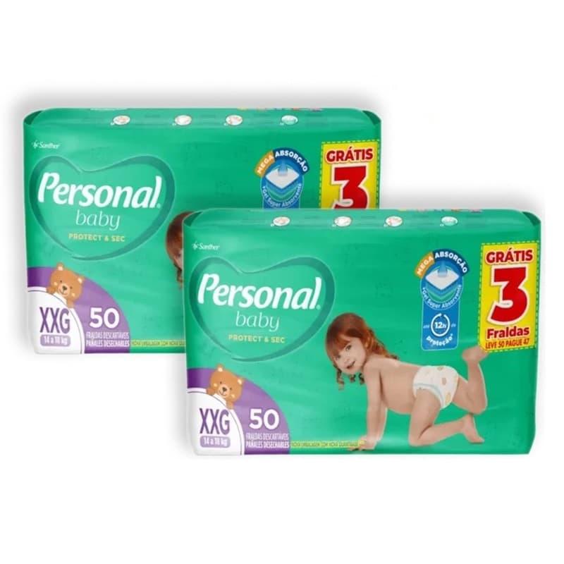 Kit 2ptes Fralda Personal Baby 14 a 18kg XXG 50un - Total 100un HIPER