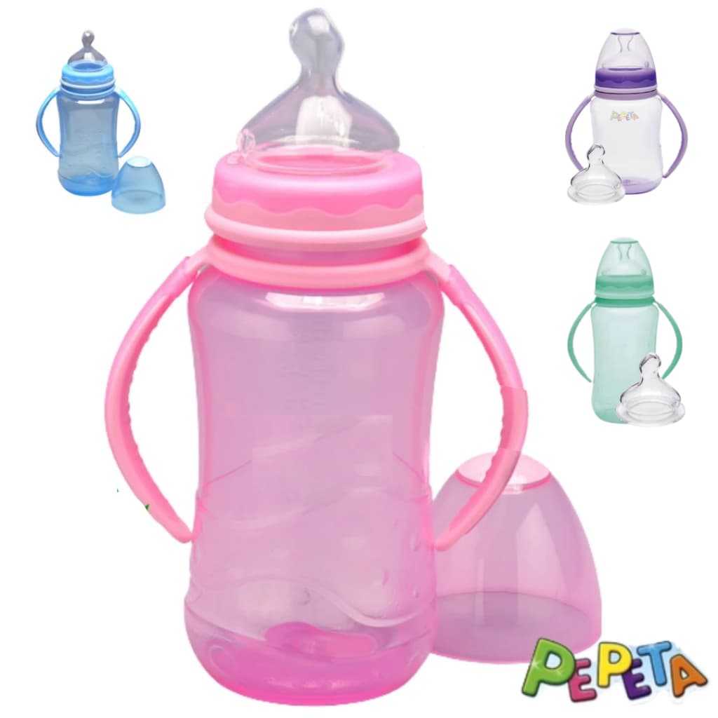 mamadeira 240ml bico de silicone transição infantil com alça menino.