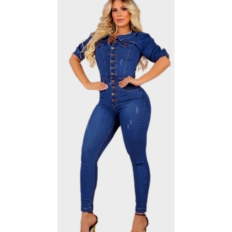 Macacão Jeans Feminino Longo Manga 3/4 Bufante Princesa Com Lycra Botões Premium 38/40/42